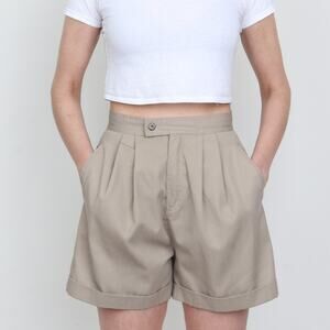 Vintage 1980s Pleated Khaki High Waist Wide Leg Shorts S